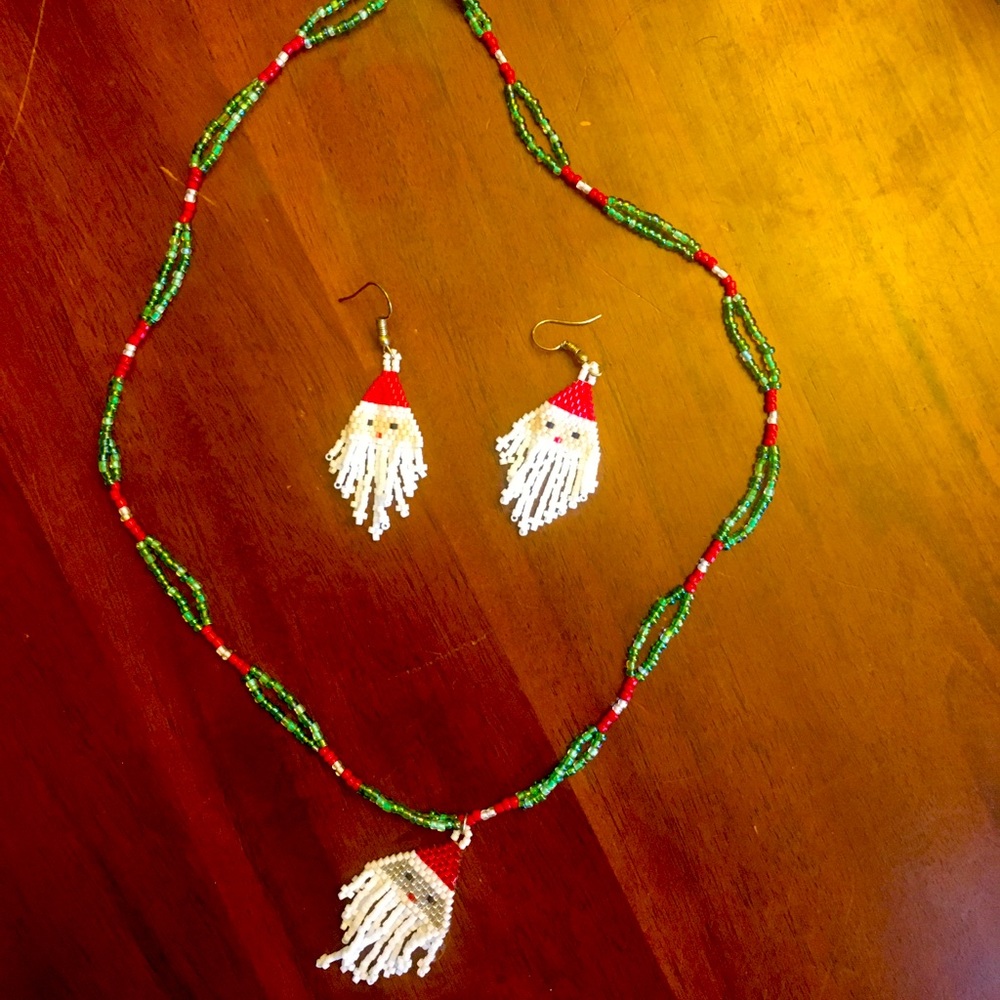 Santa Claus Beaded Christmas Earrings and Necklace